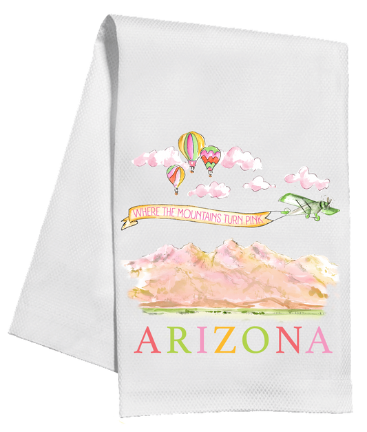 Airplane Banner Tea Towel-Where the Mountains Turn Pink-Arizona