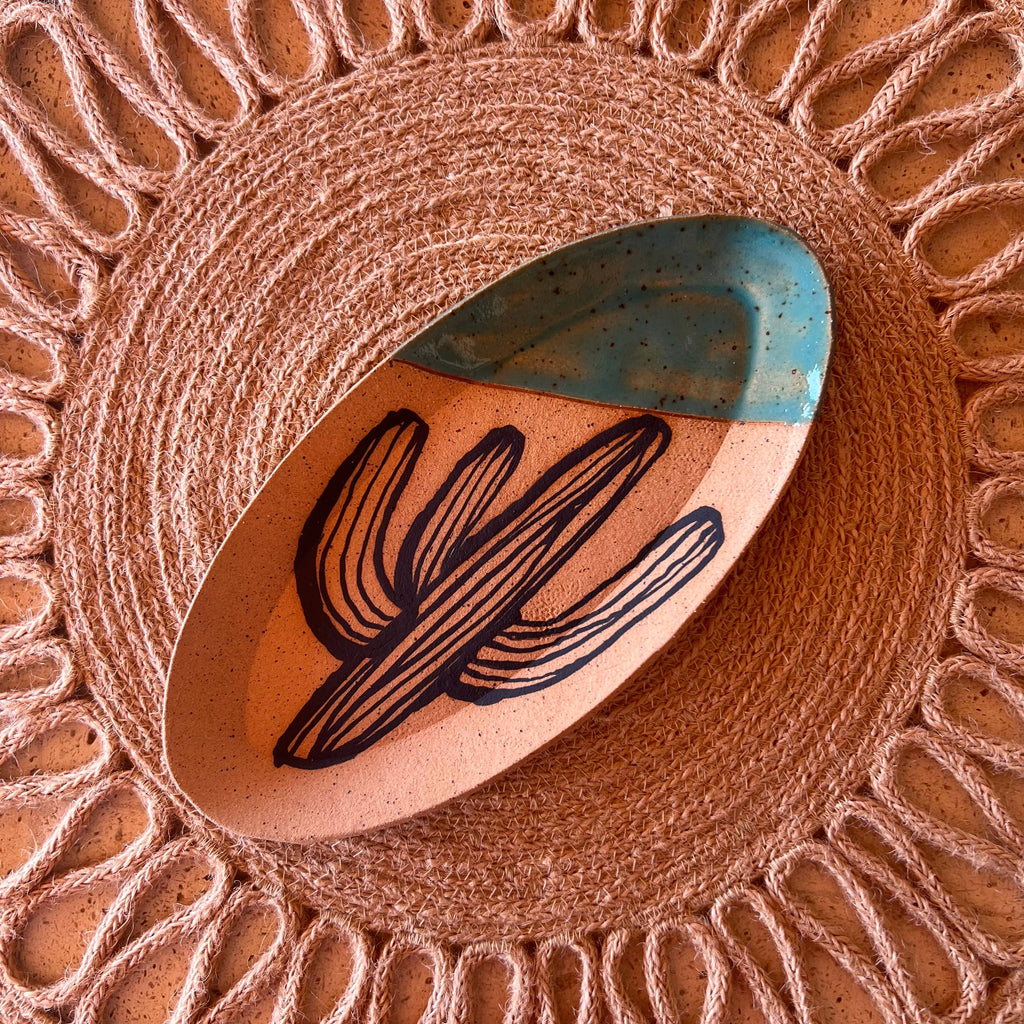 Saguaro/Teal Cacti Oval Trinket Dish