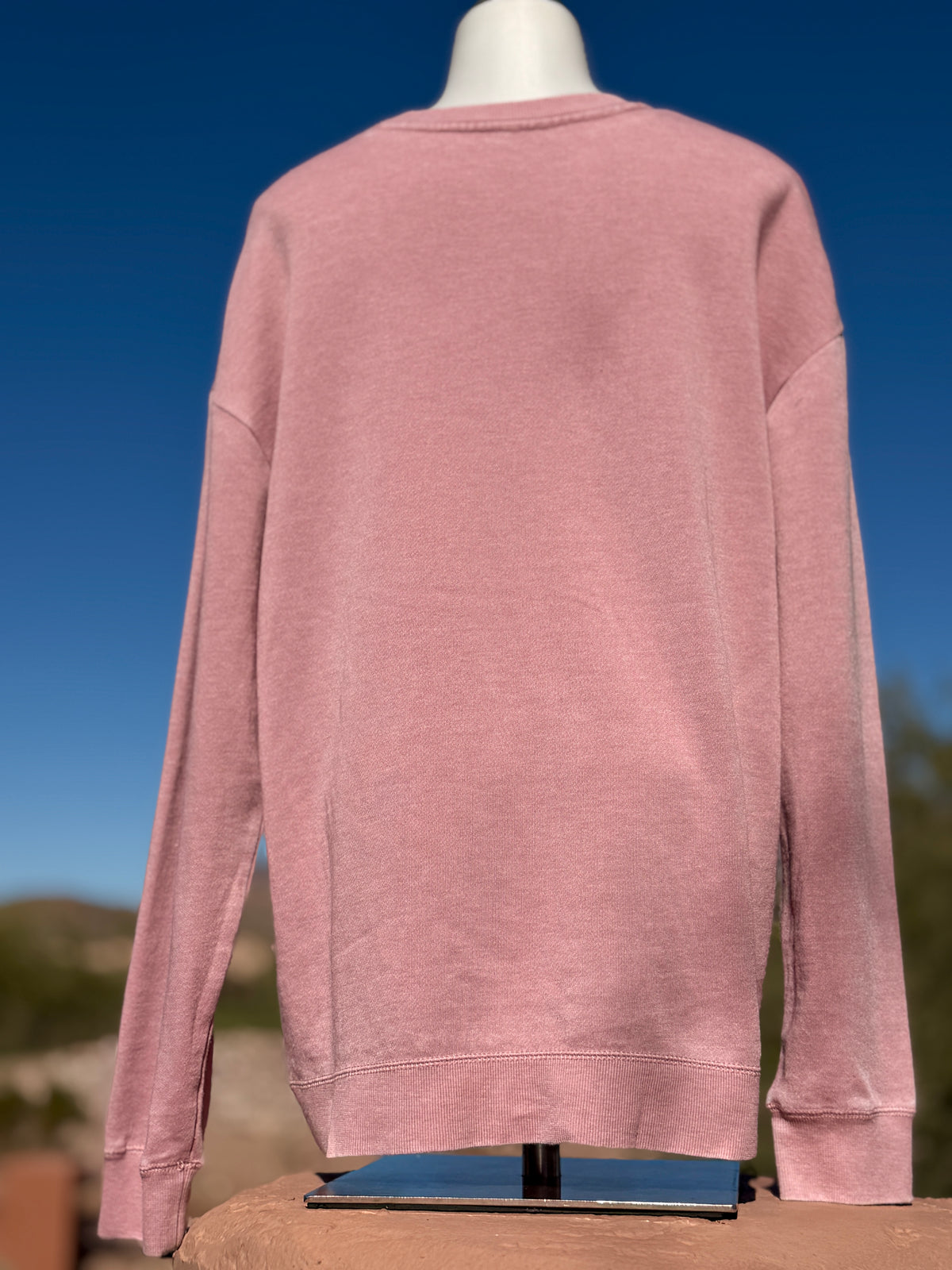 Back view of a dusty pink weathered crewneck sweatshirt displayed against a clear blue Arizona sky and desert landscape.