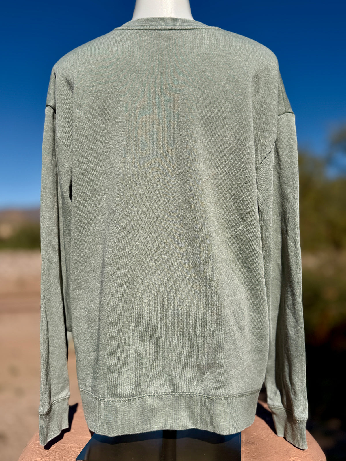 Back view of weathered sage crewneck sweatshirt showcasing soft texture against a blurred desert landscape and blue sky.