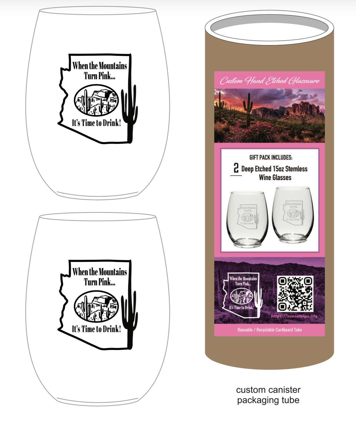 Etched Stemless Wine Glasses in Canister