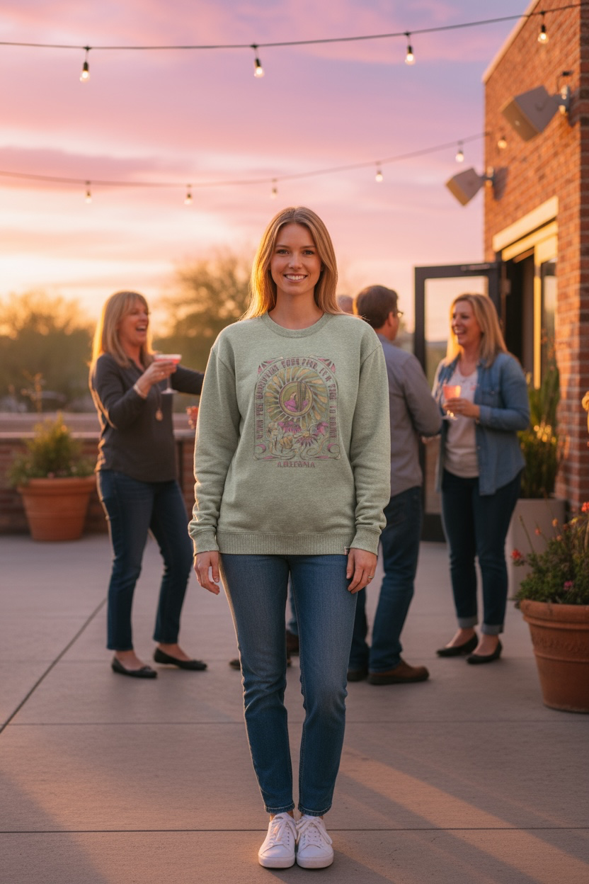 Woman wearing sage green Weathered Crew-Flower Power sweatshirt with vintage graphic at a sunset rooftop gathering.