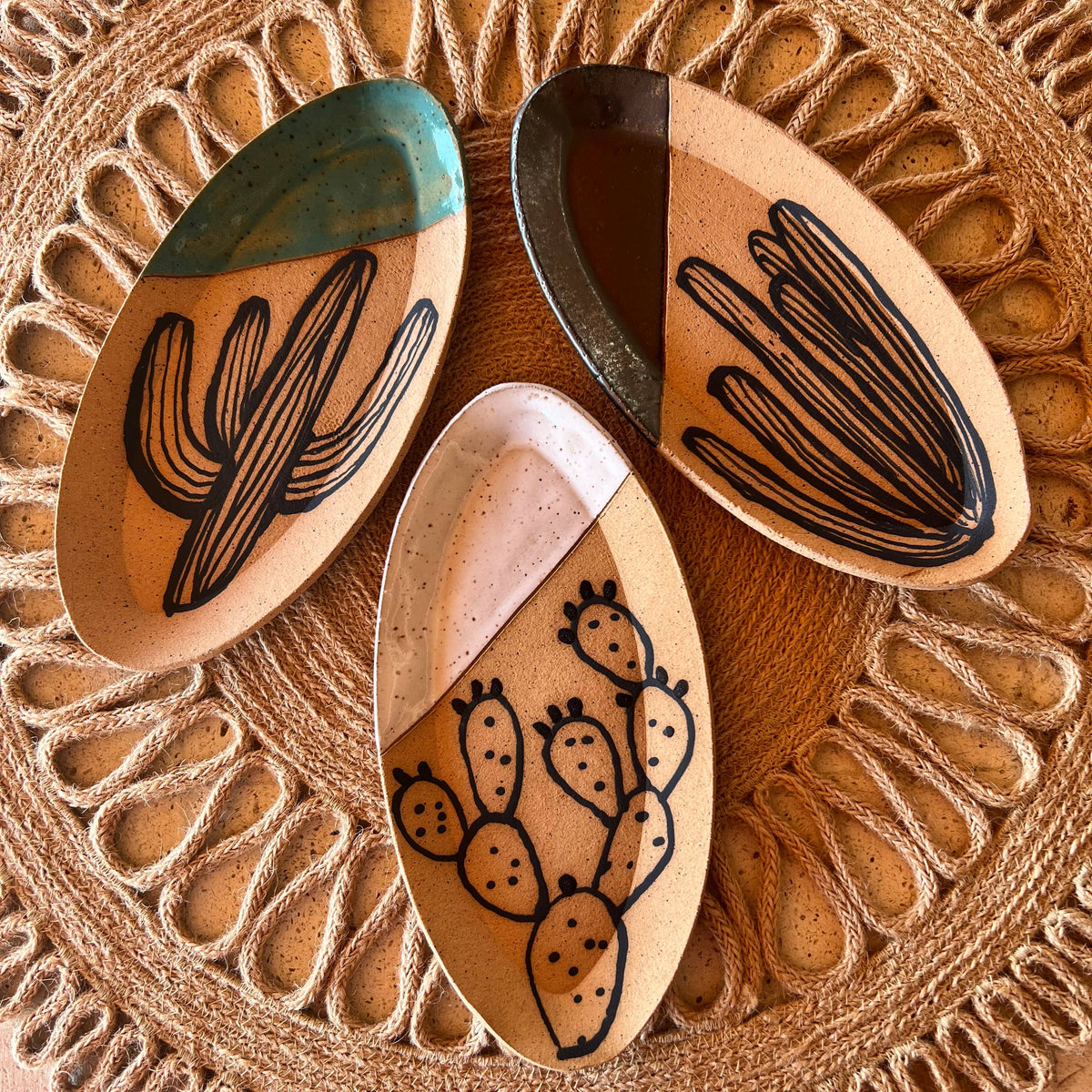 Saguaro/Teal Cacti Oval Trinket Dish